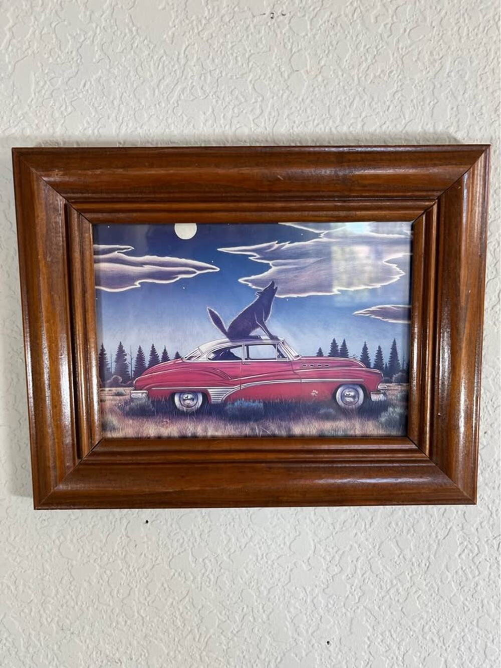 Framed Wolf and Vintage Red Car Art Print